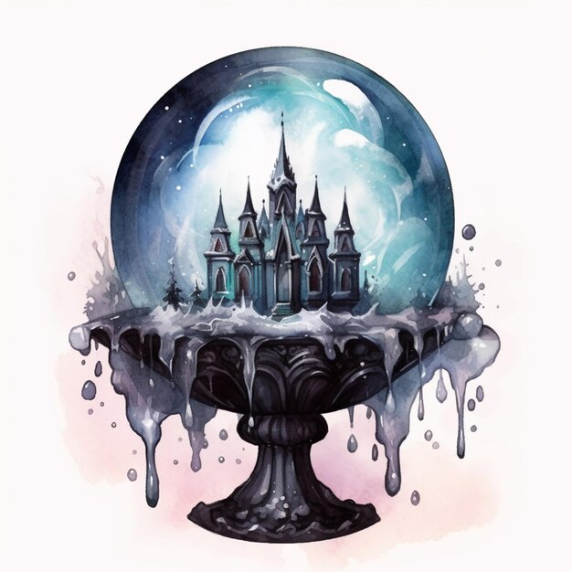 Arafed image of a castle in a glass ball with a spooky liquid drip generative ai