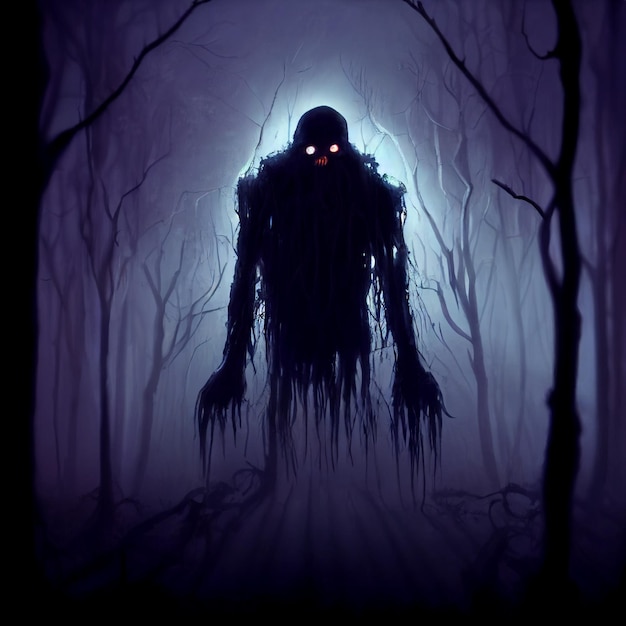 arafed image of a creepy creature in a dark forest generative ai