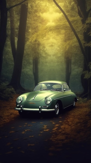 Arafed image of a green car parked in a forest generative ai