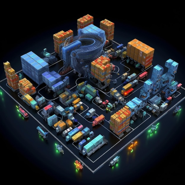 Arafed image of a large industrial area with a lot of trucks and trucks generative ai