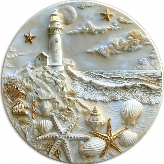 arafed image of a lighthouse surrounded by shells and starfish generative ai