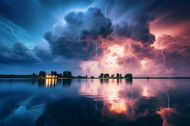 arafed image of a lightning storm over a lake with a house generative ai