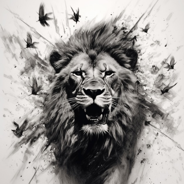 Arafed image of a lion with a lot of birds flying around it generative ai