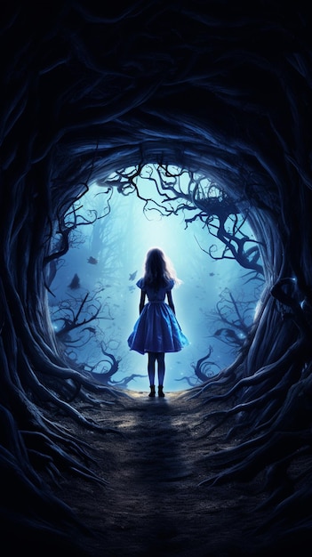 arafed image of a little girl in a blue dress standing in a dark forest generative ai