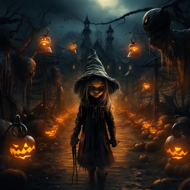 arafed image of a little girl in a witch costume walking through a dark alley generative ai