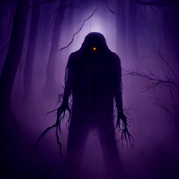 arafed image of a man in a dark forest with a glowing eye generative ai