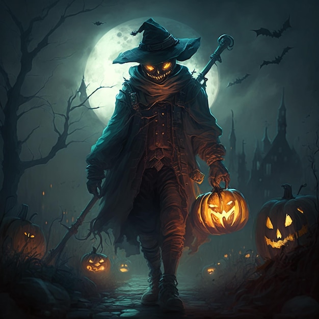 Arafed image of a man in a hat and cloak holding a jack o lantern generative ai