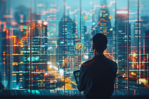 arafed image of a man looking at a city at night generative ai