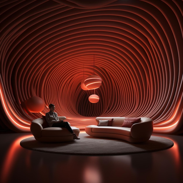 Arafed image of a man sitting on a couch in a room with a red light generative ai