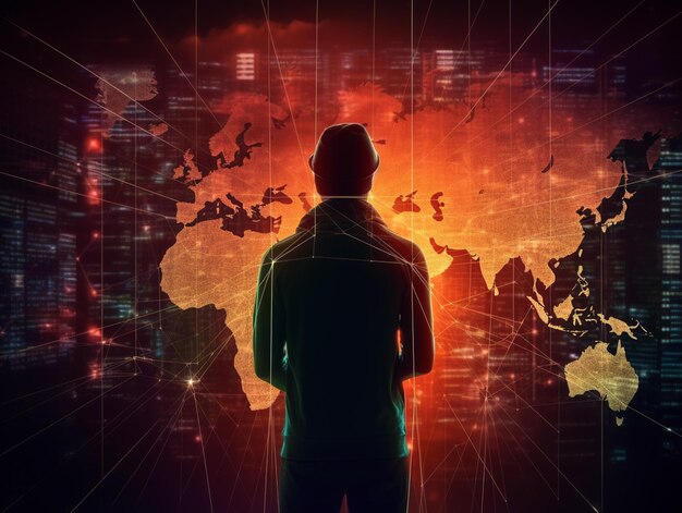 arafed image of a man standing in front of a world map generative ai