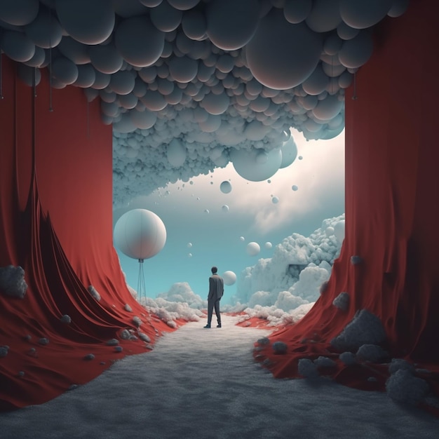 Photo arafed image of a man standing in a room with red curtains and balloons generative ai