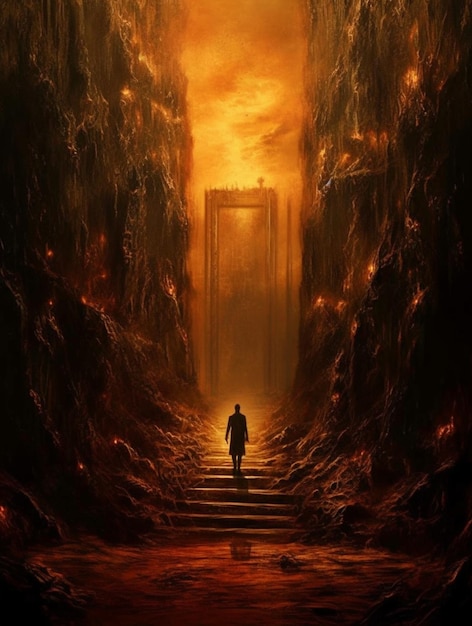 arafed image of a man walking down a stairway in a dark cave generative ai