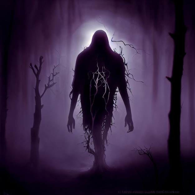 arafed image of a man walking through a dark forest generative ai