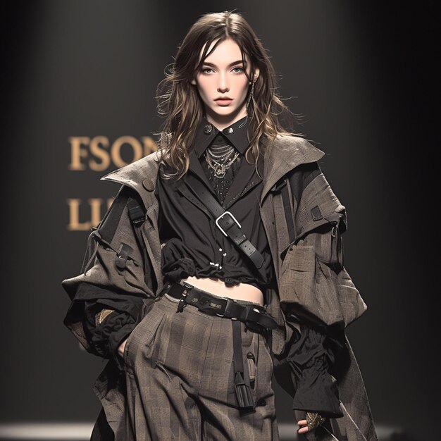 arafed image of a model walking down the runway wearing a black and grey outfit generative ai