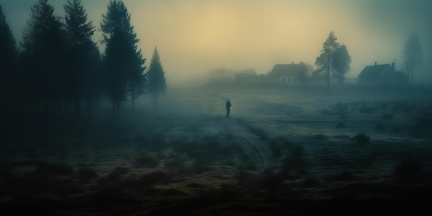 Arafed image of a person walking through a foggy field generative ai