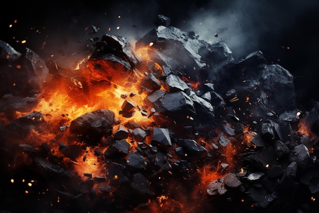 arafed image of a pile of rocks and fire with smoke generativ ai