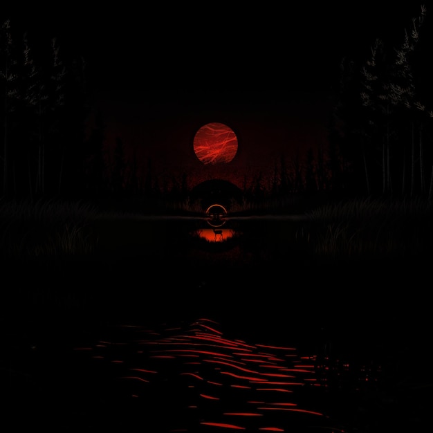 Arafed image of a red moon rising over a lake generative ai