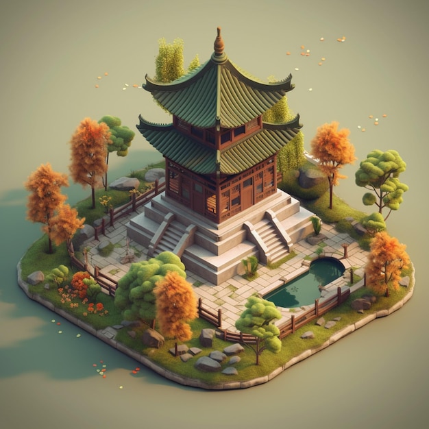 Arafed image of a small pagoda with a pond in the middle generative ai