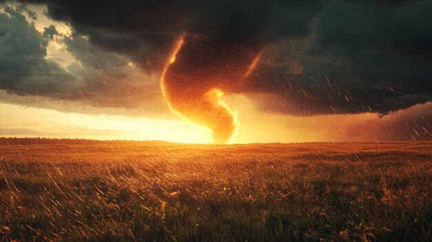 arafed image of a tornado cloud in a field with a sunset generative ai