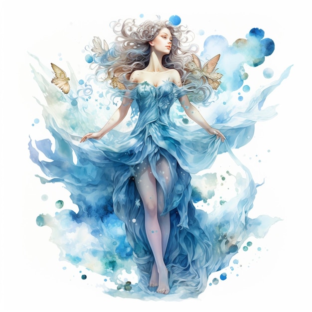 Arafed image of a woman in a blue dress with butterflies generative ai