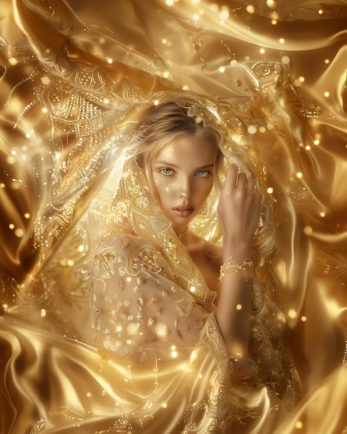 Photo arafed image of a woman in a gold dress with a veil