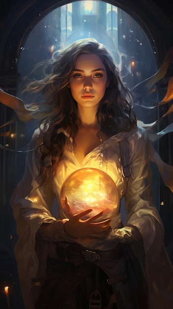 arafed image of a woman holding a glowing ball in her hands generative ai