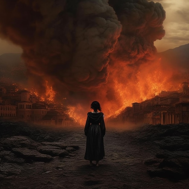 Arafed image of a woman in a long dress standing in front of a fire generative ai