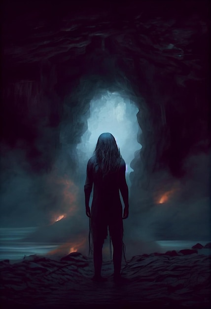 Arafed image of a woman standing in front of a dark cave generative ai