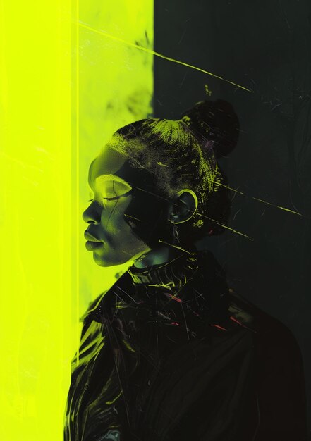 arafed image of a woman with a black face and a yellow background generative ai