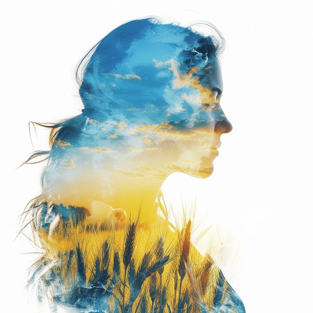 arafed image of a woman with a sky background and wheat fields generative ai