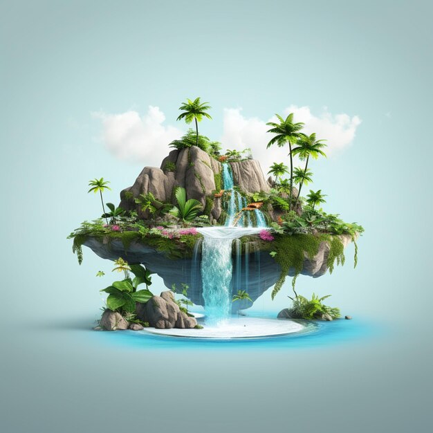 arafed island with a waterfall and palm trees on a blue background generative ai