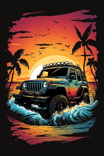 arafed jeep driving through the ocean with palm trees in the background generative ai