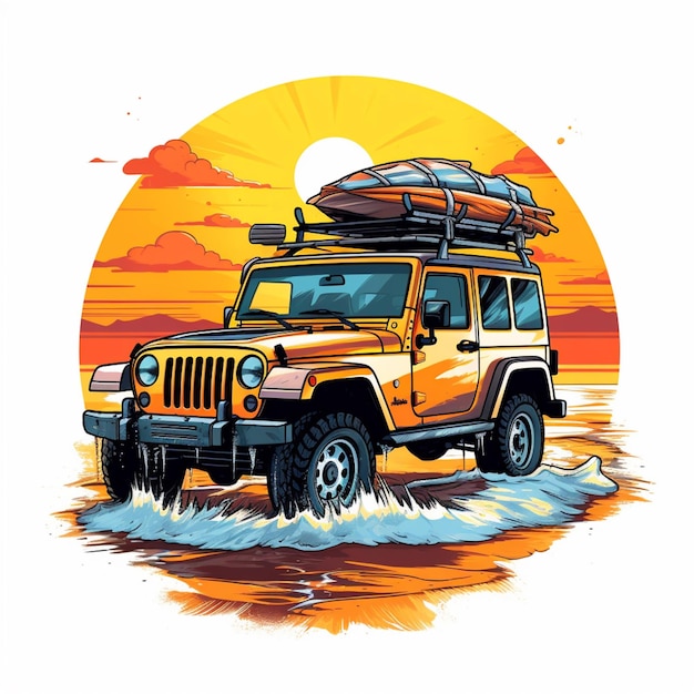 Arafed jeep with surfboards on top driving through water generative ai