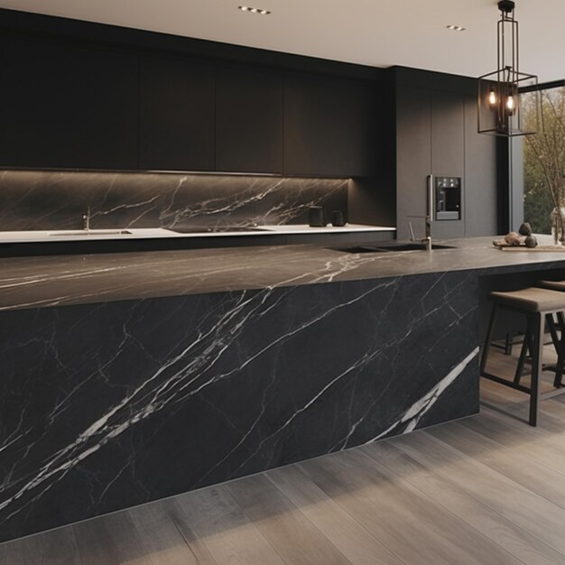 arafed kitchen with a black marble counter top and a bar generative ai