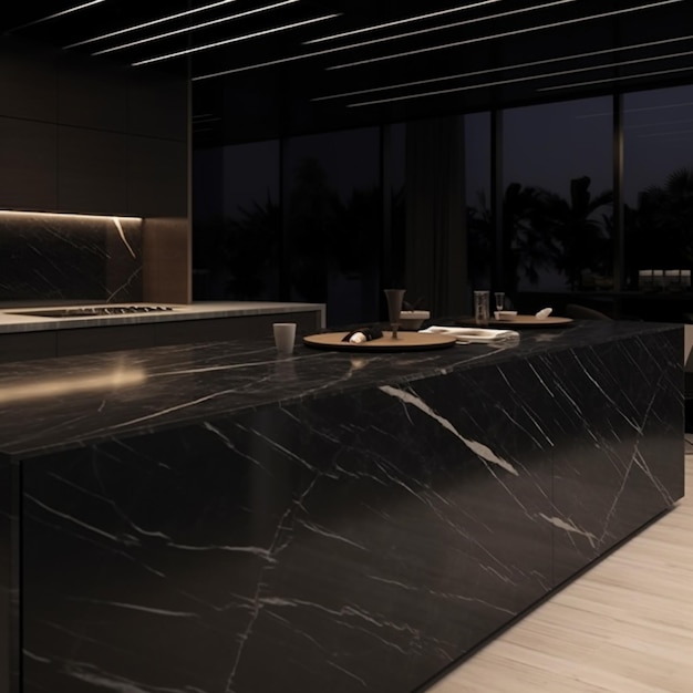 arafed kitchen with a black marble counter top and a large window generative ai