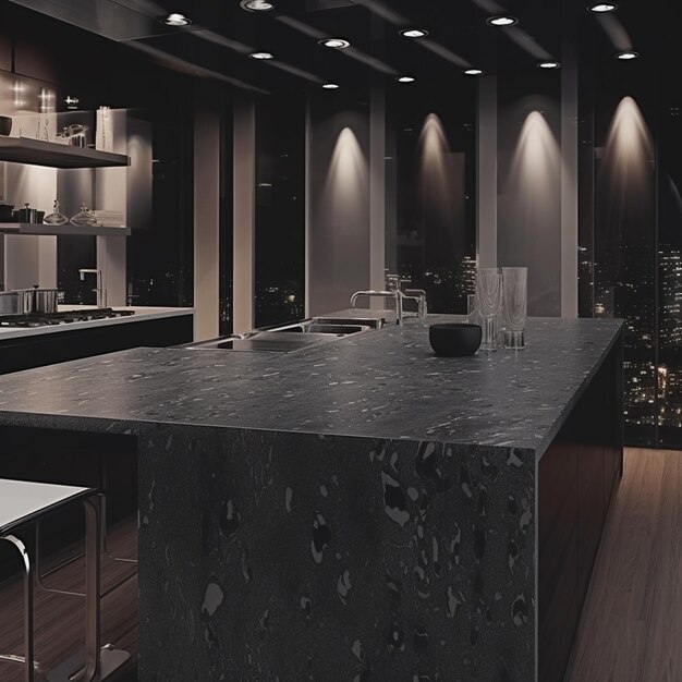 arafed kitchen with a large island and a black counter top generative ai