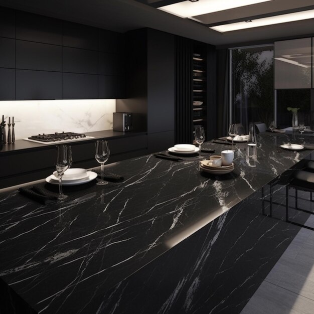 arafed kitchen with a marble counter top and a black island generative ai