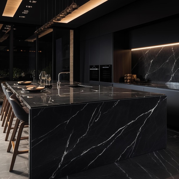 arafed kitchen with a marble island and black counter tops generative ai