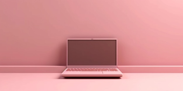 Arafed laptop computer on a pink surface with a pink wall generative ai