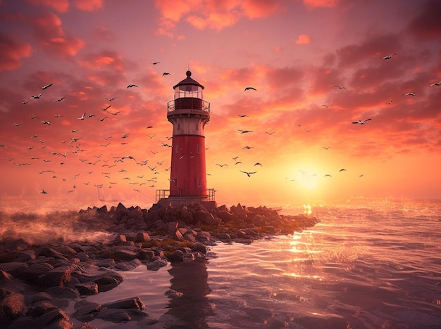 Arafed lighthouse on a rocky shore with birds flying around generative ai