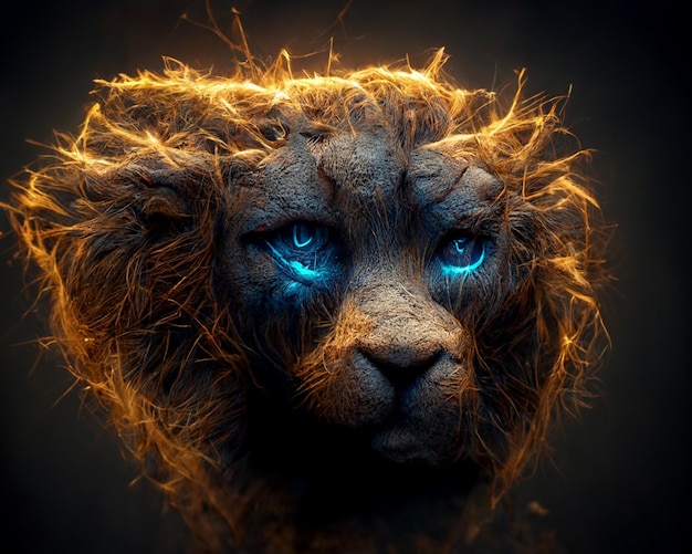 Arafed lion with blue eyes and a mane with long hair generative ai