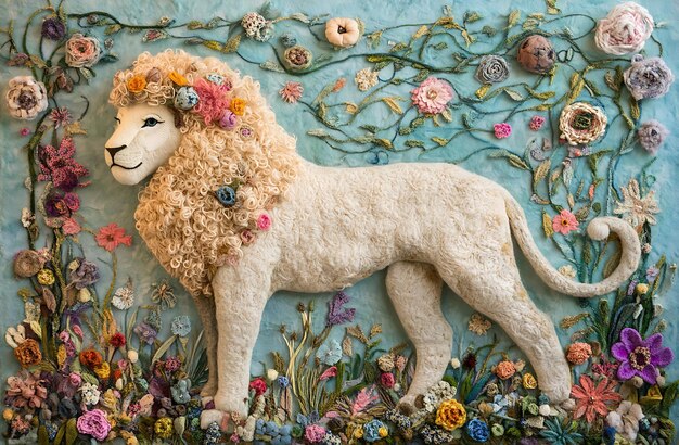 Photo arafed lion with flowers and vines on a blue background