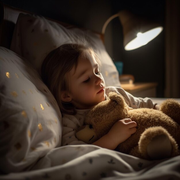 arafed little girl laying in bed with teddy bear in hand generative ai