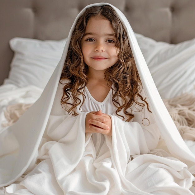 arafed little girl sitting on a bed under a white blanket generative ai