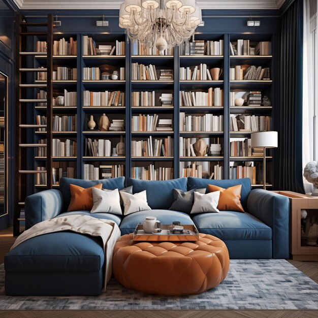 Arafed living room with a blue couch and a large book shelf generative ai