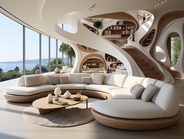 Arafed living room with curved sofa and coffee table generative ai