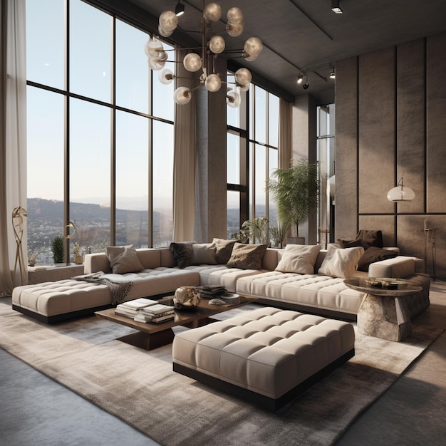 Arafed living room with a large sectional couch and a coffee table generative ai