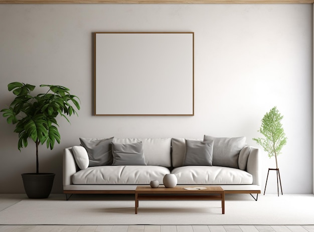 arafed living room with a white couch and a plant generative ai