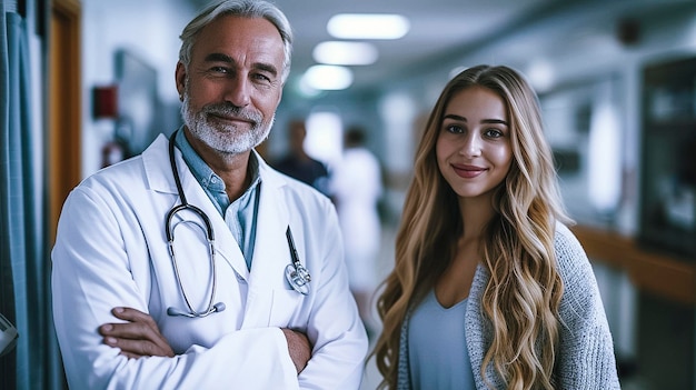 Arafed male doctor and a female patient standing in a hospital hallway