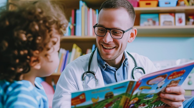 Arafed male doctor reading a story to a child in a room